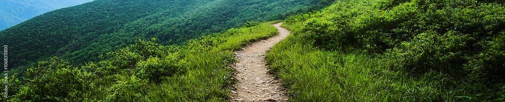 A path winds through a lush green hillside A path winds through a lush green hillside