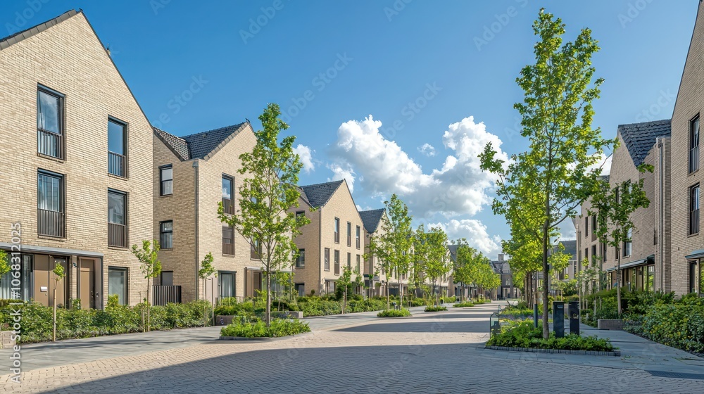 Beige brick Dutch houses in a new residential area, green trees, blue sky. Beige brick Dutch houses in a new residential area, green trees, blue sky.