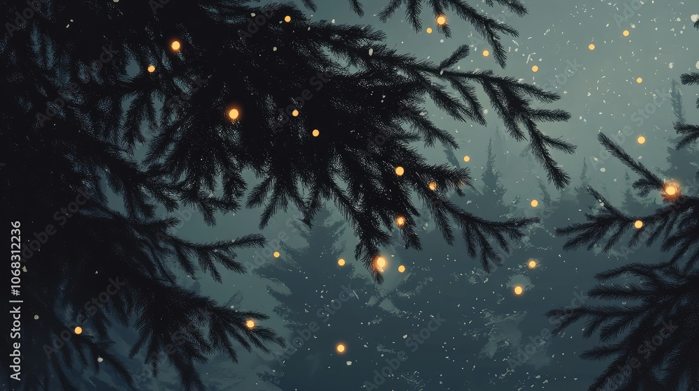 Minimalist view of soft snowfall on evergreen branches, with abstract glowing lights scattered throughout. Minimalist view of soft snowfall on evergreen branches, with abstract glowing lights scattered throughout.