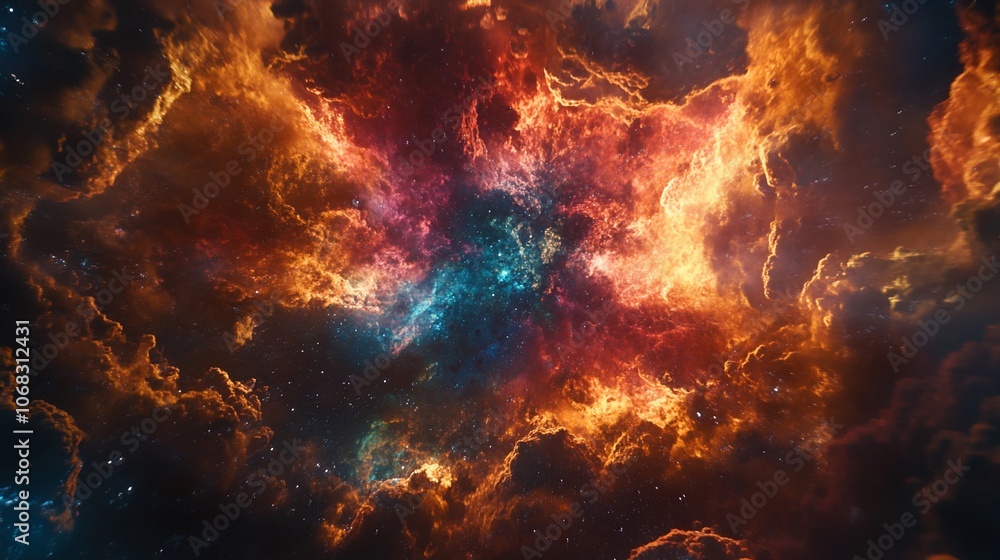 A vibrant nebula with swirling clouds of red, orange, and blue gas, lit by distant stars. A vibrant nebula with swirling clouds of red, orange, and blue gas, lit by distant stars.
