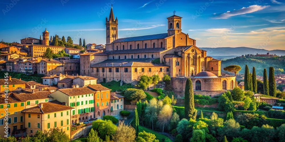 Obraz premium Stunning View of San Domenico Church in Siena, Italy with a Majestic Blue Sky and Copy Space for Creative Use, Showcasing Historic Architecture and Serene Atmosphere