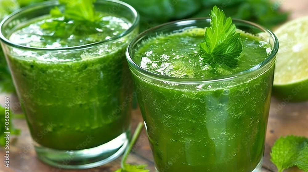 Two glasses of refreshing green smoothie with fresh ingredients. Two glasses of refreshing green smoothie with fresh ingredients.