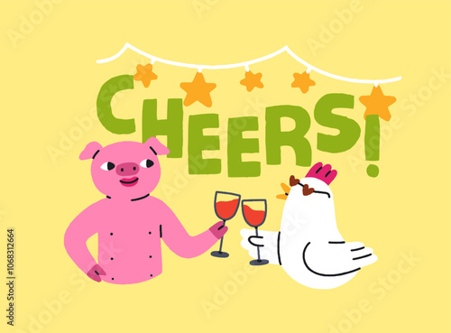 Funny animals, celebration card. Anthropomorphic chicken and pig couple celeb...