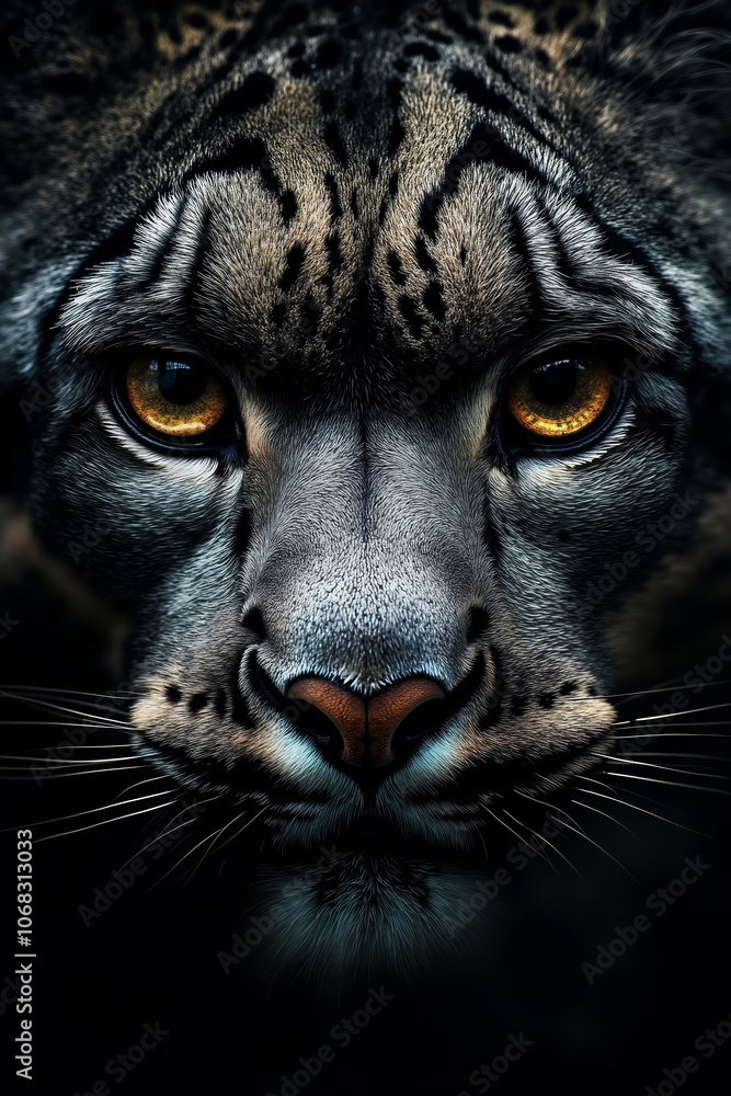 A close up of a snow leopard's face with yellow eyes A close up of a snow leopard's face with yellow eyes