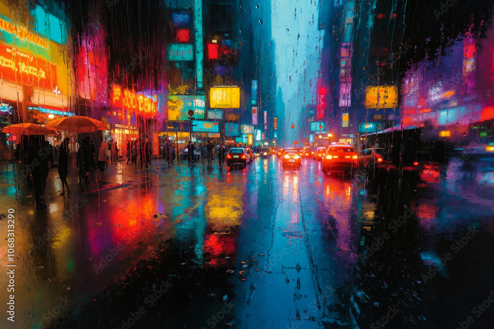 Obraz premium A painting of a city street at night with people walking in the rain