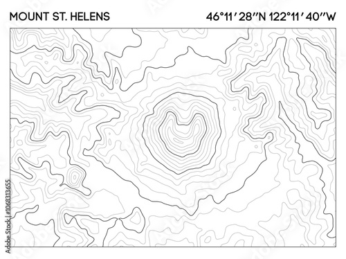 Contour map of Mount St. Helens showcasing detailed elevation lines with geographic coordinates. Topographic map vector.