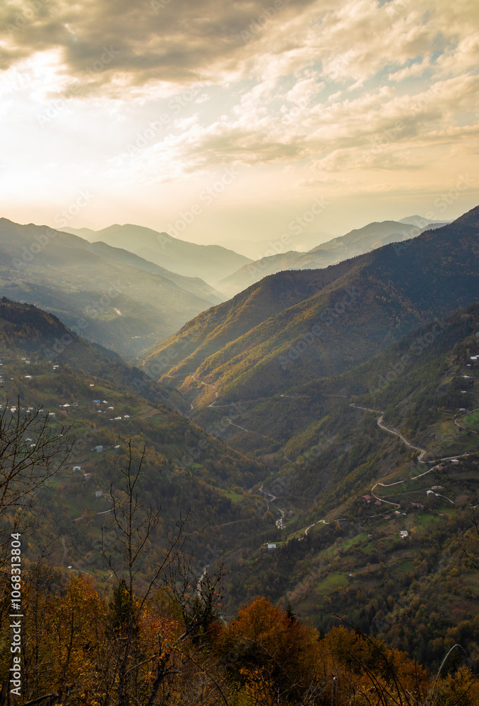 Obraz premium A stunning mountain range with trees creates a beautiful landscape