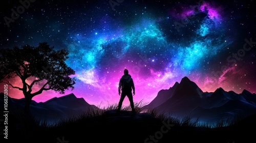 Silhouette Man Gazing at Night Sky with Stars and Nebula