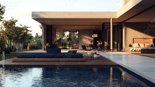 Vibrant modern home with pool and navy blue decor in minimalistic design.