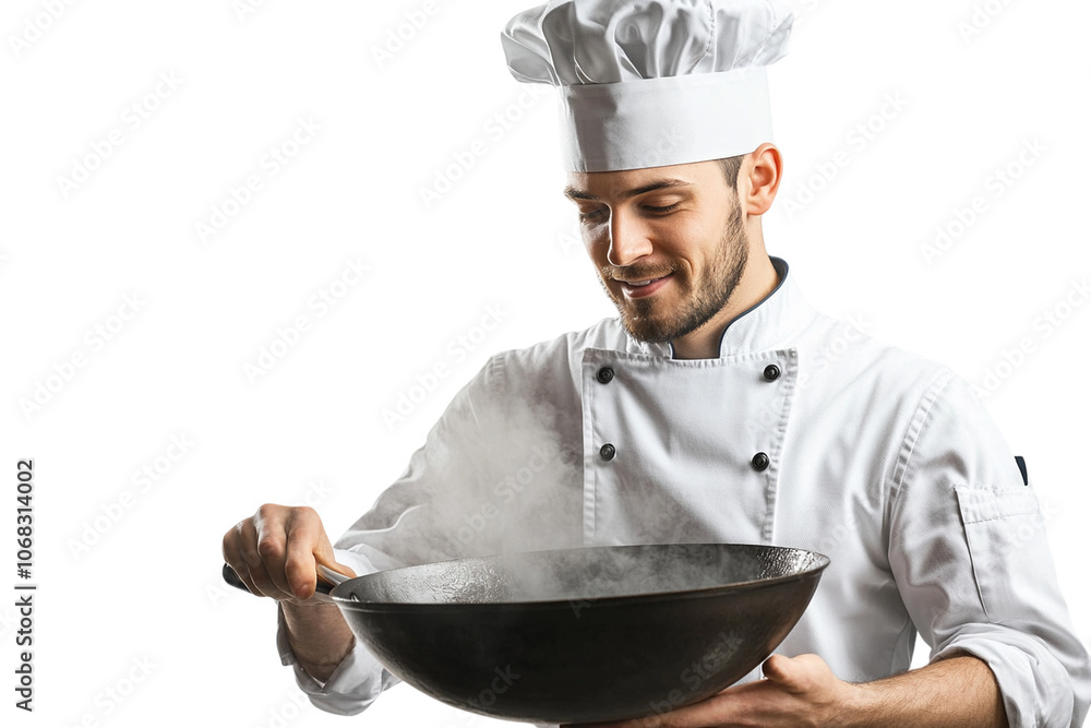 Young Male Cooker Stirring a Wok Isolated on Transparent. PNG Young Male Cooker Stirring a Wok Isolated on Transparent. PNG
