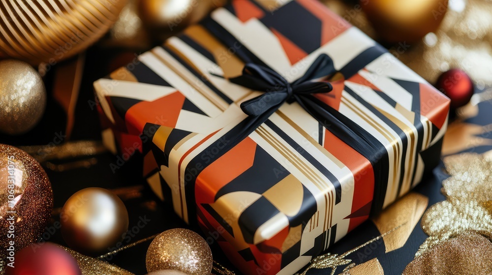 Art Deco style wrapping paper with bold geometric shapes and metallic accents, perfect for holiday gifts.