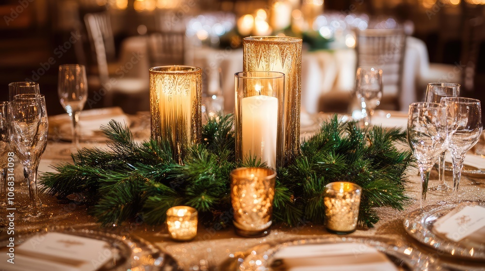 Art Deco table centerpiece with metallic accents, pine branches, and holiday candles, creating a luxurious vibe. Art Deco table centerpiece with metallic accents, pine branches, and holiday candles, creating a luxurious vibe.