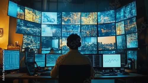 A man working at a desk with multiple computer screens displaying cityscapes and data.