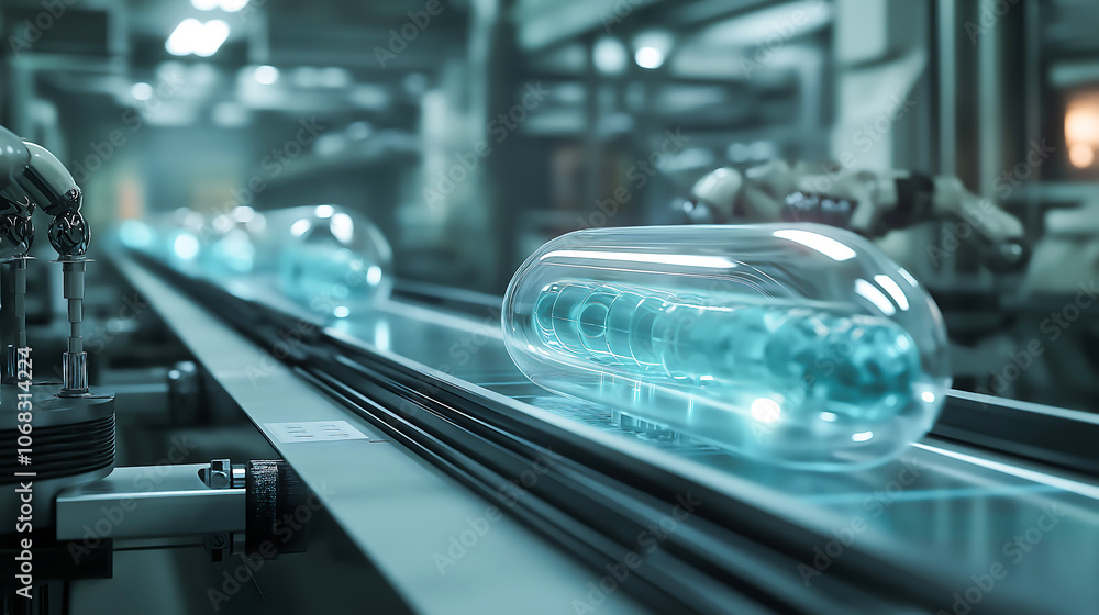 A glowing futuristic transparent capsule moving along an automated conveyor belt in a high-tech factory. The capsule manufacturing process A glowing futuristic transparent capsule moving along an automated conveyor belt in a high-tech factory. The capsule manufacturing process