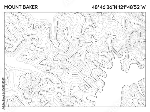 Topographic contour map of Mount Baker with geographic coordinates for navigation and terrain analysis. Topographic map vector.