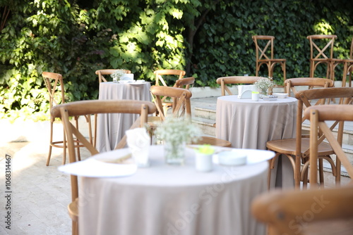 Obraz na płótnie High Tables and Chairs Set for an Outdoor Event or Wedding w salonie