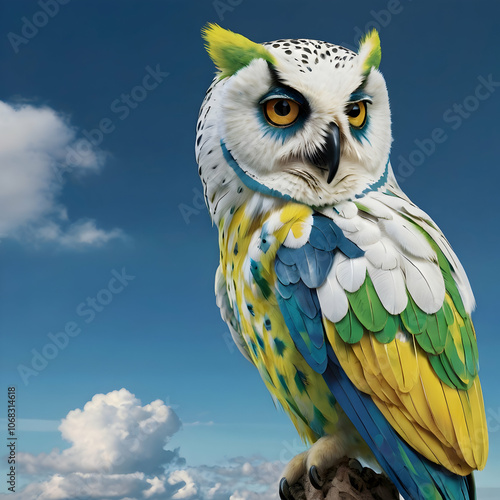 An unusual owl embodying parrot hues, adorned in vibrant green and blue feathers, a white face, and a yellow beak. It perches on a branch against a soft, azure-white sky, merging two bird species in a
