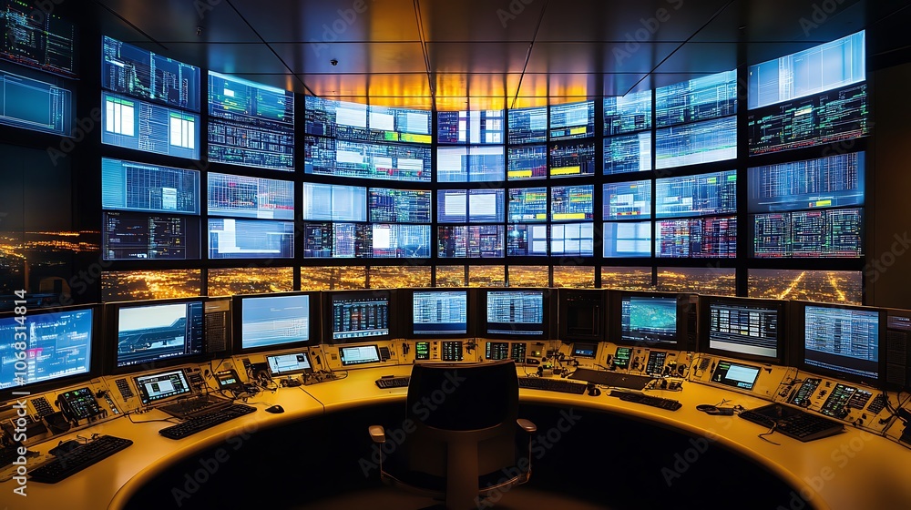 A Control Room Filled with Monitors Displaying Data and a View of a City at Night A Control Room Filled with Monitors Displaying Data and a View of a City at Night