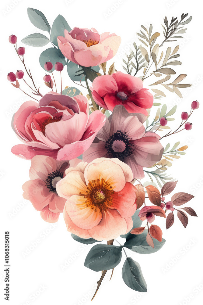 Fototapeta premium Pink flower bouquet with beautiful branches and leaves. Wedding concept. Watercolor