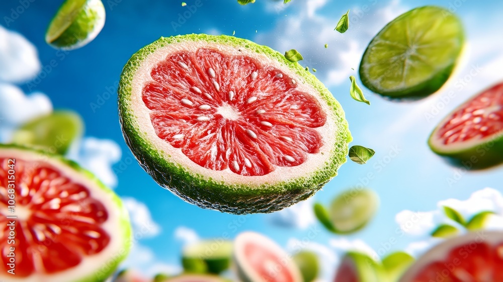 Fresh Grapefruit and Limes Falling Against Blue Sky with Clouds Fresh Grapefruit and Limes Falling Against Blue Sky with Clouds