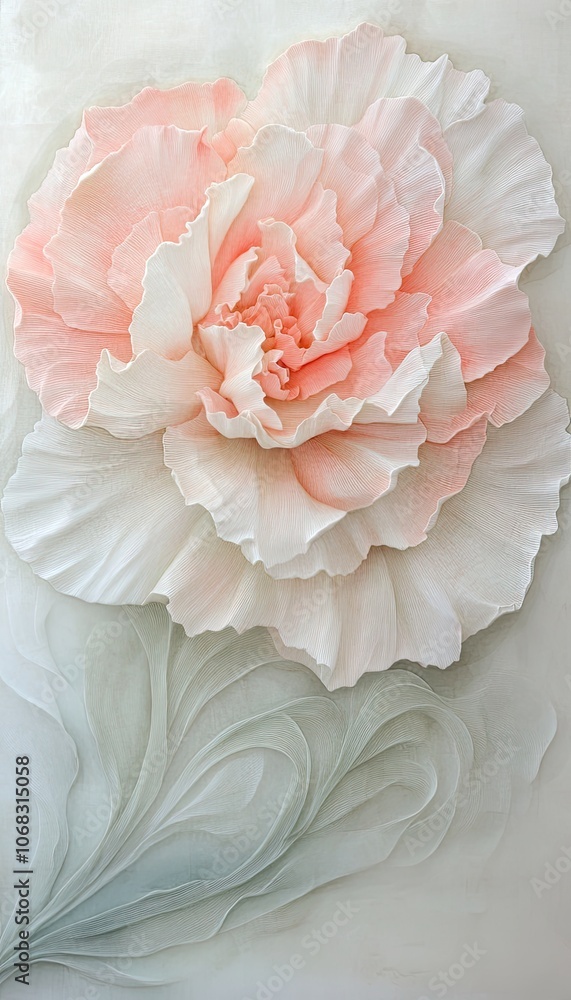 A carnation with soft pink and white petal swirls, each one flowing into the next, creating a pastel watercolor effect A carnation with soft pink and white petal swirls, each one flowing into the next, creating a pastel watercolor effect