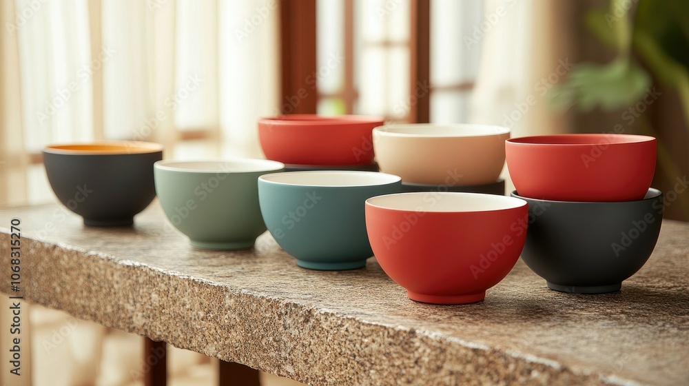 Colorful Bowls Arranged on a Rustic Table