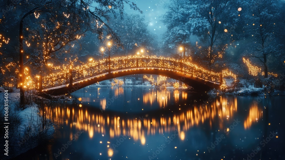 Obraz premium A tranquil night scene featuring a bridge illuminated by ethereal lights, creating a dreamy Christmas atmosphere.