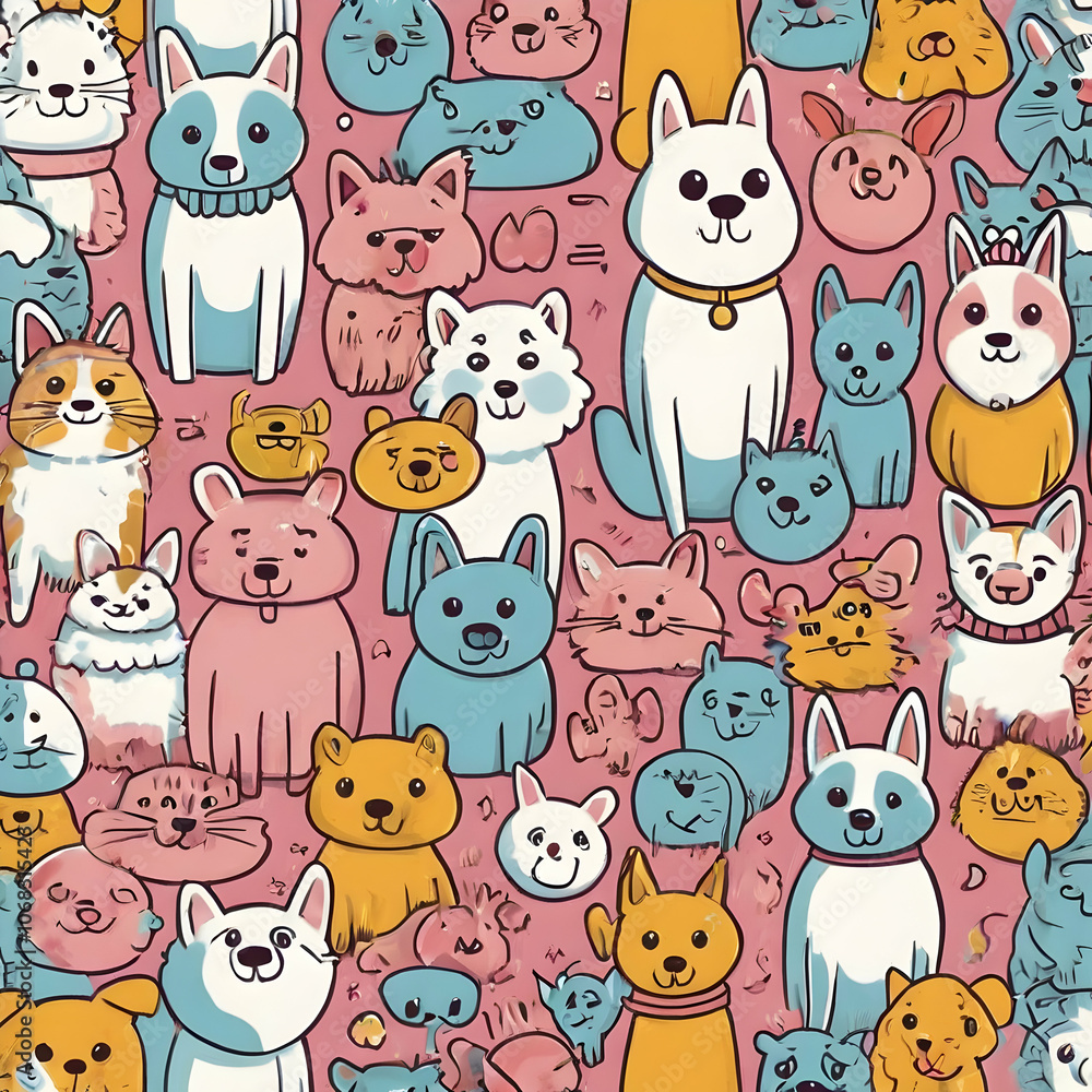 Fototapeta premium Design a white-background illustration in a pastel digital vector style, using colors such as pink, light blue, and yellow. Draw cartoon dogs in cute, friendly poses with cheerful expressions, adding 