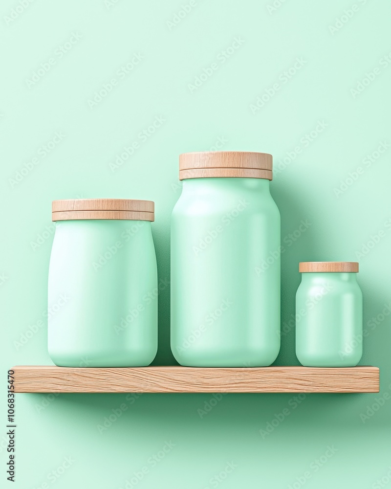 Carbon footprint and climate change lifestyle concept. Three mint-colored jars with wooden lids arranged on a wooden shelf against a light green backdrop Carbon footprint and climate change lifestyle concept. Three mint-colored jars with wooden lids arranged on a wooden shelf against a light green backdrop