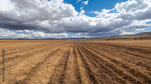 Dry, barren land with a cloudy, polluted sky, representing climate change and desertification