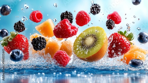 Fresh Fruit Splashing in Water Kiwi Strawberry Raspberry Blackberry Cantaloupe