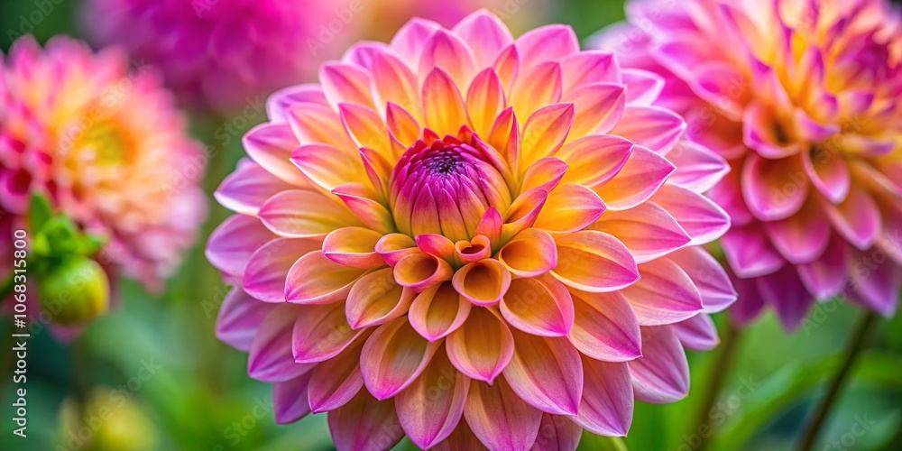 Close-Up Portrait of a Vibrant Pink Dahlia Pinnata Flower Showcasing Its Intricate Yellow Pistillates in Soft Natural Light for Floral Enthusiasts and Nature Lovers Close-Up Portrait of a Vibrant Pink Dahlia Pinnata Flower Showcasing Its Intricate Yellow Pistillates in Soft Natural Light for Floral Enthusiasts and Nature Lovers