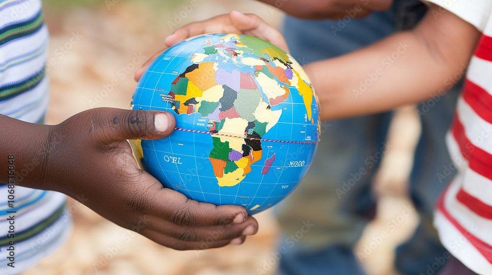 Two young children hold a colorful globe in their hands, symbolizing unity and global connection. Two young children hold a colorful globe in their hands, symbolizing unity and global connection.