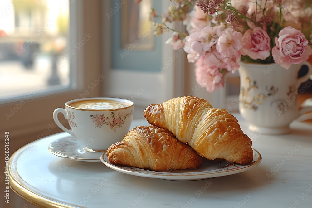 Breakfast scene with buttery croissants and café au lait. Breakfast scene with buttery croissants and café au lait.