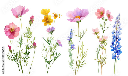 Wallpaper Mural Wild flowers set, watercolor digital illustration. Perfectly for poster, card design. Mother's Day, Birthday, Valentine's day decoration Torontodigital.ca