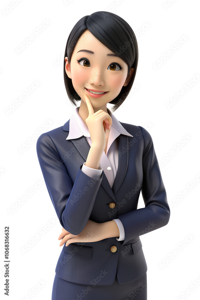 3d style illustration of asia young woman in an office uniform. She poked her chin with her finger. She seemed to be thinking about something 3d style illustration of asia young woman in an office uniform. She poked her chin with her finger. She seemed to be thinking about something