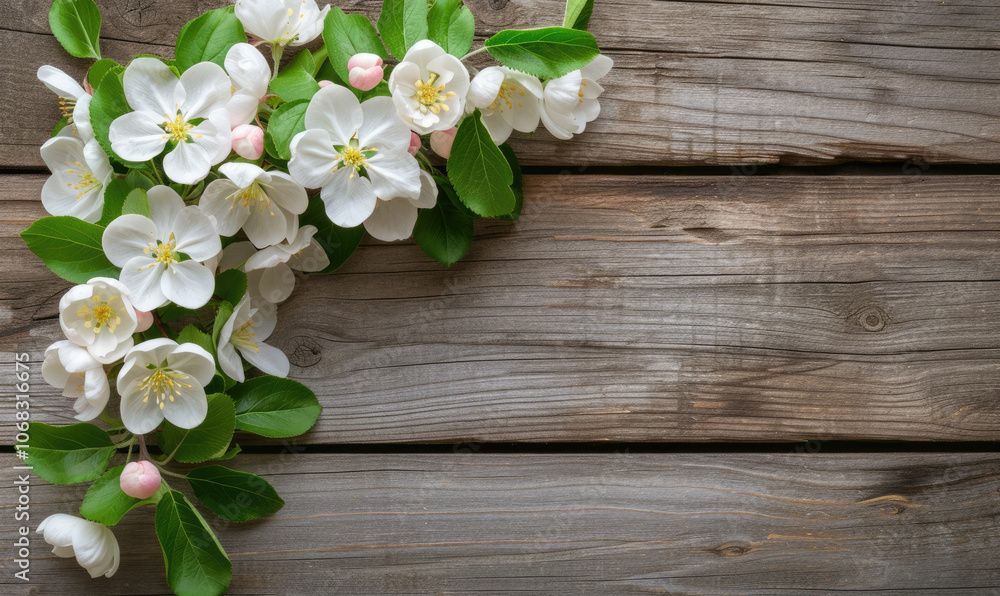 Spring apple blossoms flowering branch on wooden background,Copy space Spring apple blossoms flowering branch on wooden background,Copy space