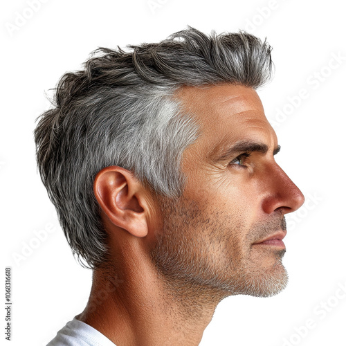 Side view portrait of mature man with gray hair on transparent background, isolated profile shot highlighting confidence, sophistication, and modern style