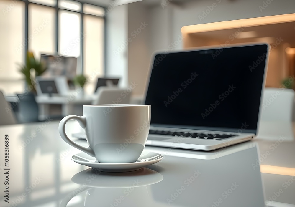 White coffee cup with laptop computer on office table for business concept, in clean office, White coffee cup with laptop computer on office table for business concept, in clean office,