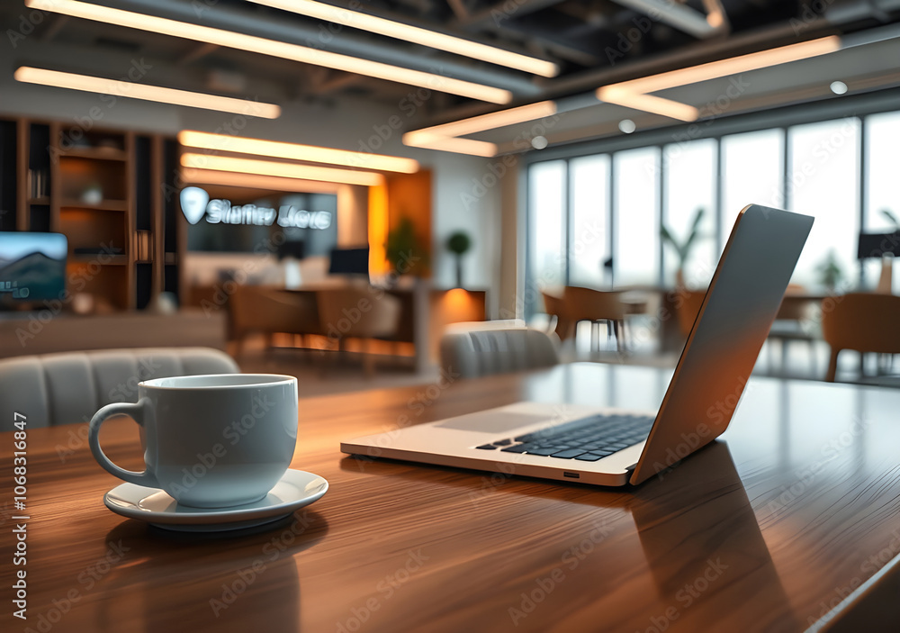 White coffee cup with laptop computer on office table for business concept, in clean office, White coffee cup with laptop computer on office table for business concept, in clean office,