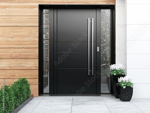Sleek black front door paired with compact orchids for a modern touch.