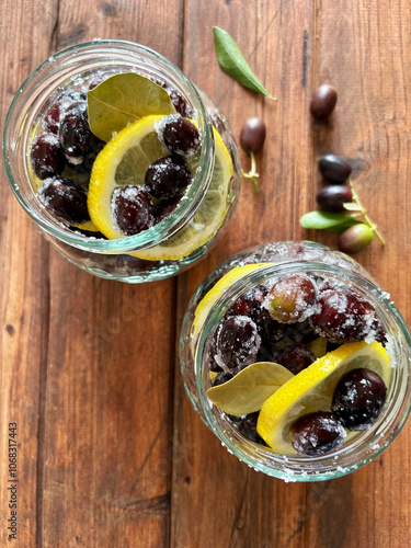 Olive nere fresche marinate in acqua, sale e limone in vasetti su fondo di legno. Direttamente sopra. photo