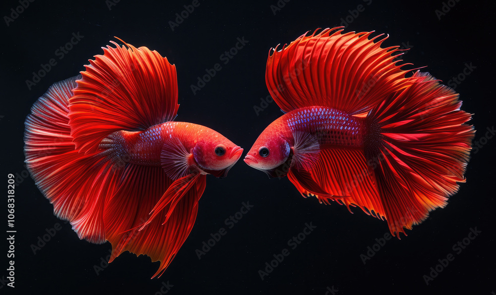 Beautiful movement of red betta fish, Two Fancy Halfmoon Betta, The moving moment beautiful of Siamese Fighting fish, Betta splendens, Rhythmic of Betta fish isolated on black background