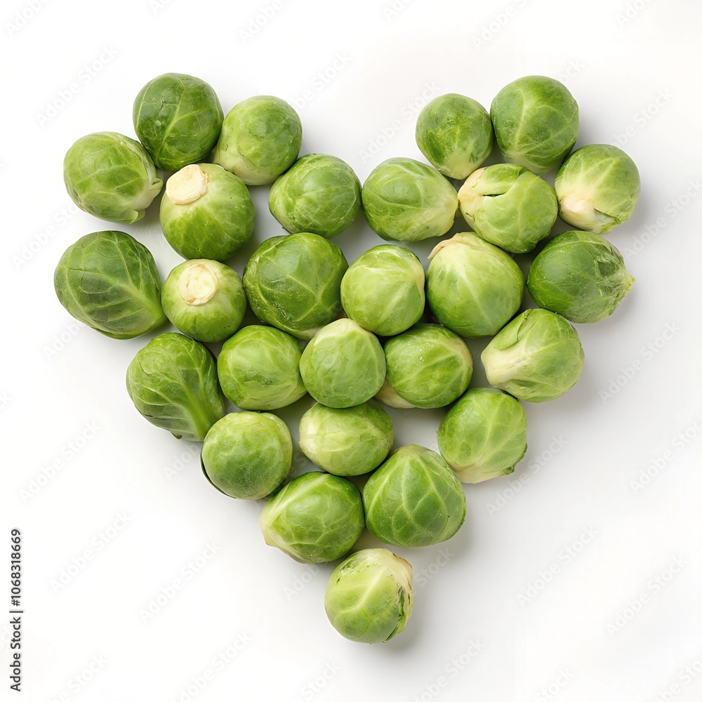 
Brussels sprouts laid out in a heart shape, isolated on a white background
