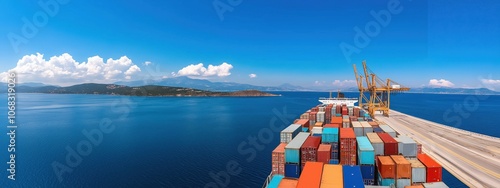 Loaded with sea containers cargo ship with seascape view. Cargo transportation. Vivid natural landscape with ship and copy space. photo