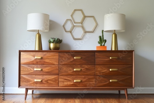 a wooden dresser with two lamps on top of it