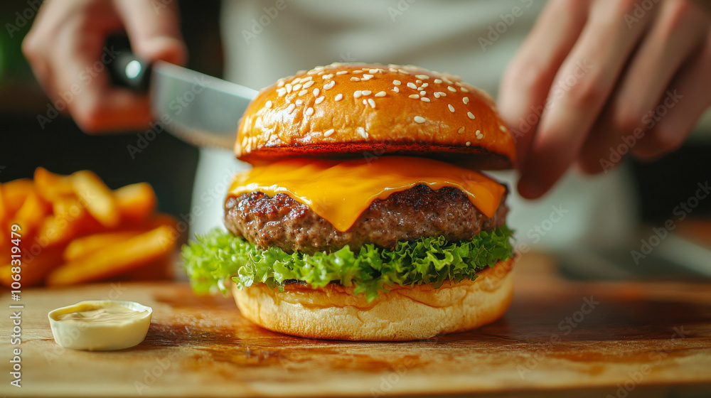 Chef preparing gourmet cheeseburger with lettuce and fries on wooden board