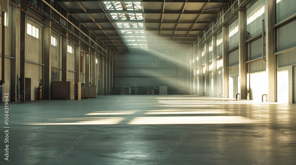 Spacious empty warehouse with high ceilings and concrete floors, ideal for product demonstrations and presentations in a modern industrial setting Spacious empty warehouse with high ceilings and concrete floors, ideal for product demonstrations and presentations in a modern industrial setting