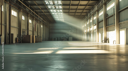 Spacious empty warehouse with high ceilings and concrete floors, ideal for product demonstrations and presentations in a modern industrial setting photo