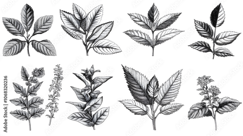 An arrangement of various botanical illustrations showcasing different leaf types, emphasizing their unique shapes and structures. An arrangement of various botanical illustrations showcasing different leaf types, emphasizing their unique shapes and structures.